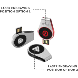 A silver and red swivel flash drive with two different engraving positions and a logo on its surface.