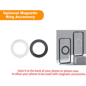 Two magnetic ring accessories in white and black, designed to attach to phone backs or cases for compatibility with magnetic accessories.