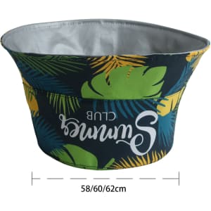 A vibrant green and yellow ice bucket hat with tropical leaf patterns, featuring a logo. Dimensions are 58/60/62 cm.