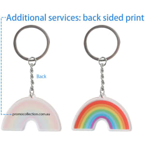 A rainbow-shaped acrylic keyring with a silver keychain, featuring a vibrant multicoloured design and a backing option.
