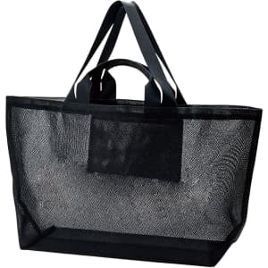 A black mesh tote bag with two handles and an open design. Features a small pocket and a logo.