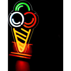 A neon LED sign in the shape of an ice cream cone with red, green, and white colours against a dark background.
