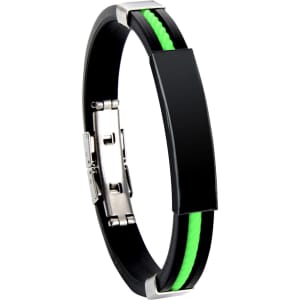 A black and green silicone bracelet featuring a sleek design and a silver clasp, with a branding logo.