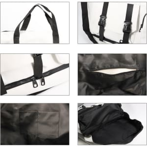 A white and black Travel Weekender Bag featuring multiple compartments, zippers, and durable straps. It has a logo present.