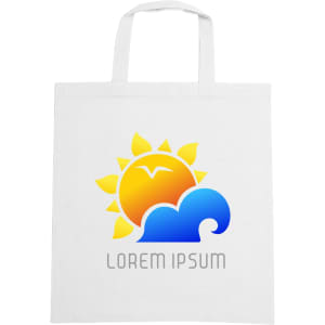 A white cotton bag with short handles featuring a sun and wave design, along with a logo.