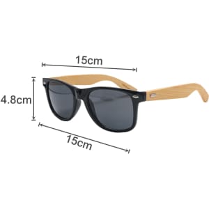 Bamboo sunglasses featuring black frames and bamboo arms, measuring 15cm in width and 4.8cm in height.