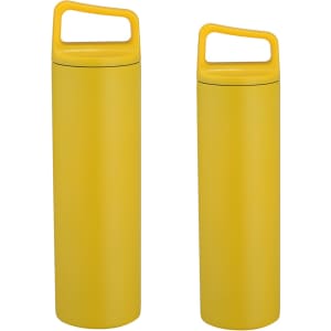 A drink bottle duo in bright yellow, featuring a sleek stainless steel design and a convenient handle.