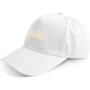 A white cap featuring a logo, designed with eco-friendly materials for headwear.