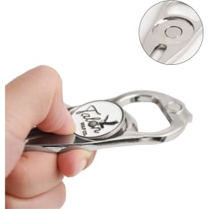 A drink bottle opener featuring a silver finish with a logo and a circular ball marker.