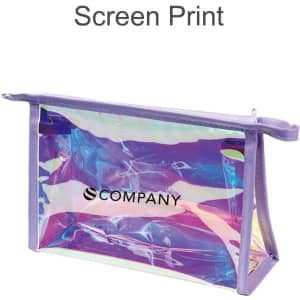 A transparent iridescent cosmetic bag with a purple zipper and a logo on the side.