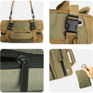 A green and tan roll up tool bag with adjustable straps, clips, zippers, and a pocket for tools. It features branding.