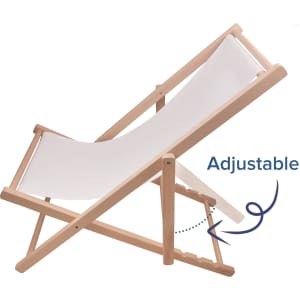A beech frame beach chair in white fabric, featuring an adjustable backrest for support and comfort.