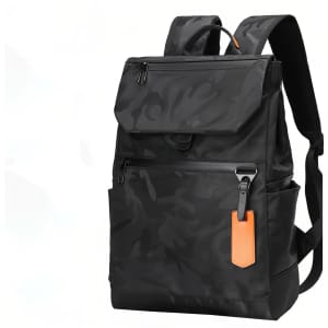 A black camo-patterned laptop backpack with two shoulder straps and an orange accent. It features multiple pockets and a front flap.