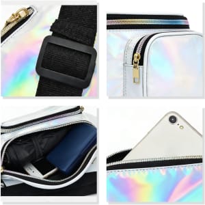 A holographic fanny pack with a white exterior, featuring gold zippers and a black strap, showcasing its interior space.