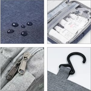 A grey portable hanging travel toiletry bag with zippers, a hook, and waterproof compartments for bottles.
