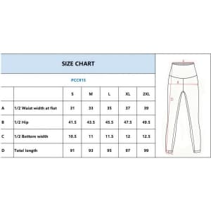 A size chart for women's high-waisted elastic LYCRA yoga long leggings, detailing measurements in various sizes.