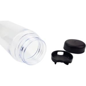 A drink bottle in transparent plastic with a black cap, featuring a removable lid and infuser compartment.