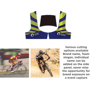 Men's sublimated cycling shorts in bright yellow and navy, featuring a logo and bold geometric design.
