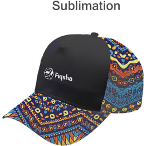 A vibrant custom cap featuring a black front panel and a multicoloured patterned brim. Includes a logo on the front.