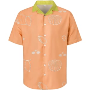 A men's orange polyester spandex Cuban collar shirt with white shell patterns and a green collar. Features a logo.