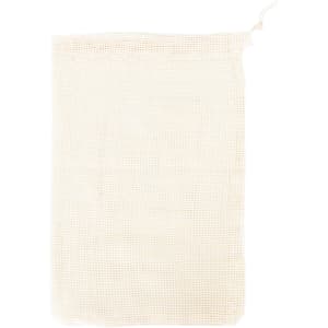 A cream-coloured organic cotton mesh bag with a drawstring closure, featuring a logo.