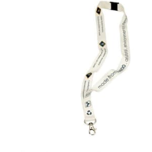 A cotton lanyard in white, featuring a clip and branding details. Environmentally friendly design highlighted.