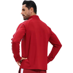 A red polyester spandex raglan jacket features a stand-up collar and quarter-zip design, with a logo present.