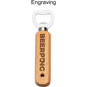 A drink bottle opener made of wood with a silver metal bottle cap remover and engraved detailing.