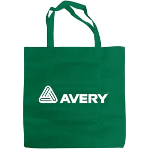 A green non-woven foldable bag with two handles and a logo on the front.