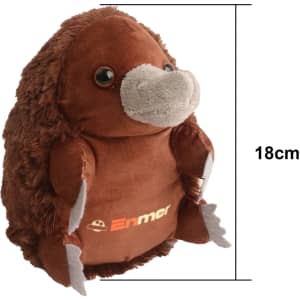 A brown plush echidna toy with grey accents, standing 18 cm tall, featuring a logo on its front.