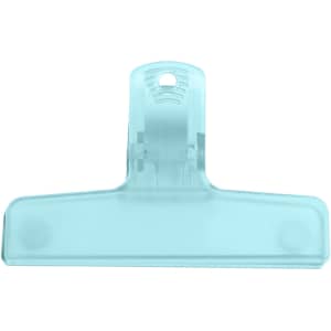 A translucent blue plastic magnetic clip with a sleek design. It features a hole for easy hanging and branding on it.