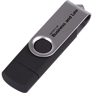 A black and silver double-end Belton micro USB flash drive with a branding logo.