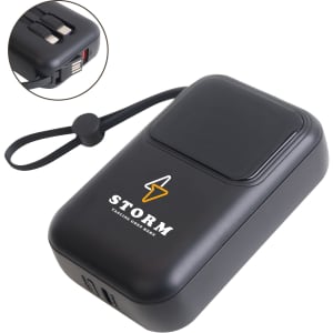 A black 10000mAh eco portable fast charging power bank with a logo and a wrist strap.