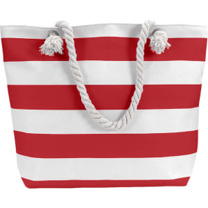 A tote bag with red and white stripes and a rope handle, featuring a simple design and a branded logo.