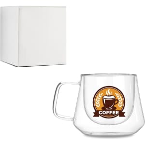 A double wall glass mug with a rounded design and a handle, presented with a plain white box.