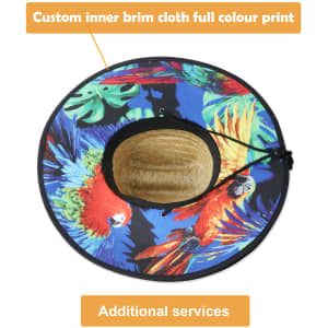 A straw hat featuring a vibrant multi-coloured inner brim design and a string for secure wear.