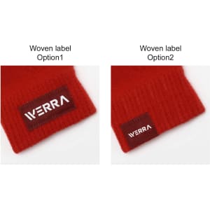 A pair of red knitted fingerless gloves featuring two different woven label designs.