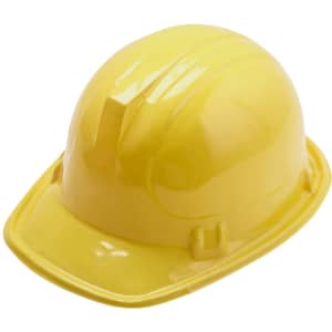 A yellow PVC construction hat with a glossy finish and a rounded top, featuring ridges on the surface.