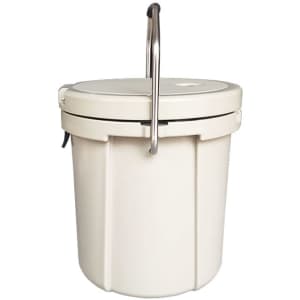 A 15L ice bucket in white, featuring a sturdy handle and a secure lid, with a logo on the front.