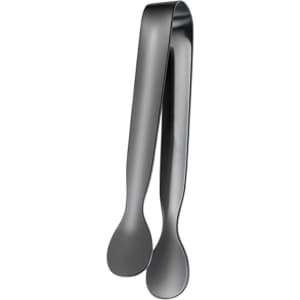 A pair of stainless steel ice tongs in a sleek, shiny silver finish, featuring rounded ends.