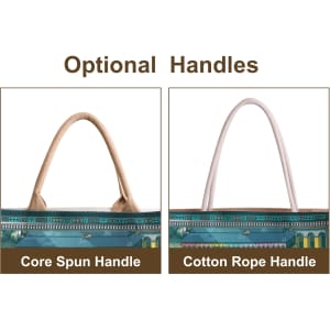 Two optional handles for a tote bag: one in core spun material and the other in cotton rope, displayed in varying styles.
