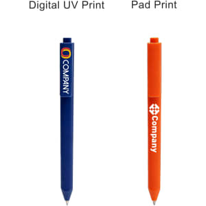A blue triangular grip pen with a logo and an orange triangular grip pen, both featuring different printing styles.
