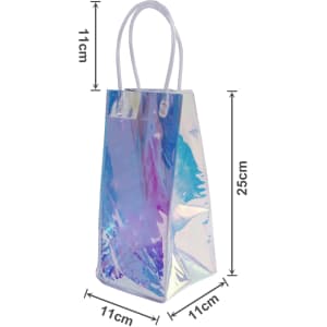 A PVC laser wine ice bag with an iridescent design and clear handles, measuring 25cm tall and 11cm wide.