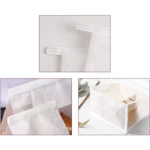 A white storage bag with a zip closure and a transparent section, featuring a logo. It appears in multiple angles.