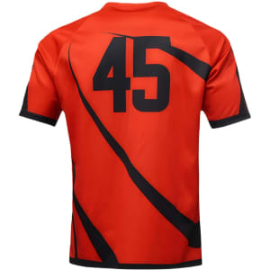 A vibrant orange crew neck raglan sport tee shirt featuring black accents and a large black number on the back.