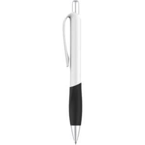 A plastic pen with a creamy white barrel and a black grip, featuring a clip and a silver tip.