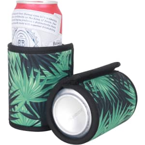 A drink bottle holder in green with a palm leaf pattern, featuring a Velcro wrap design. It holds a can inside.