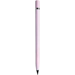 A pink pencil with a sleek design and a metallic trim at the top. It features a logo on the body.