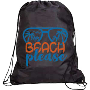 A black drawstring bag featuring a colourful graphic of sunglasses and the text "Beach Please."