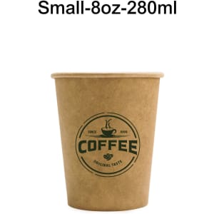 A kraft paper cup with a green logo featuring the word "Coffee", suitable for hot beverages, 8 oz capacity.